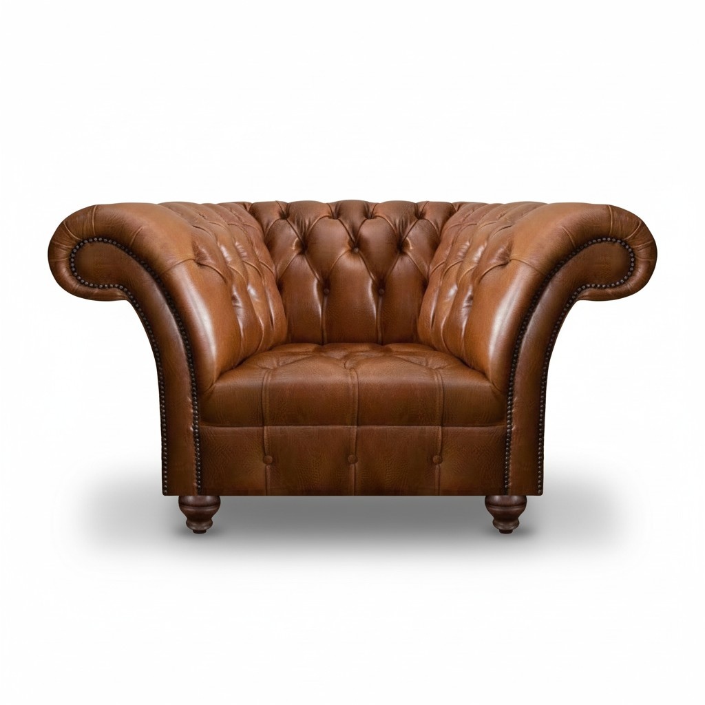 Brown Chesterfield single seater living room leather armchair upholstered 1-seater