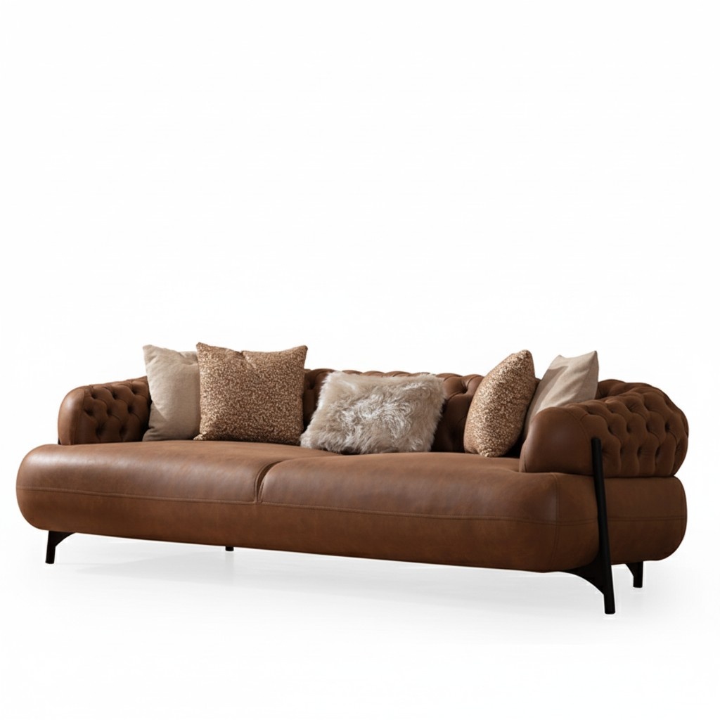 Brown Chesterfield Three-Seater Living Room Upholstered Couch Modern Furniture
