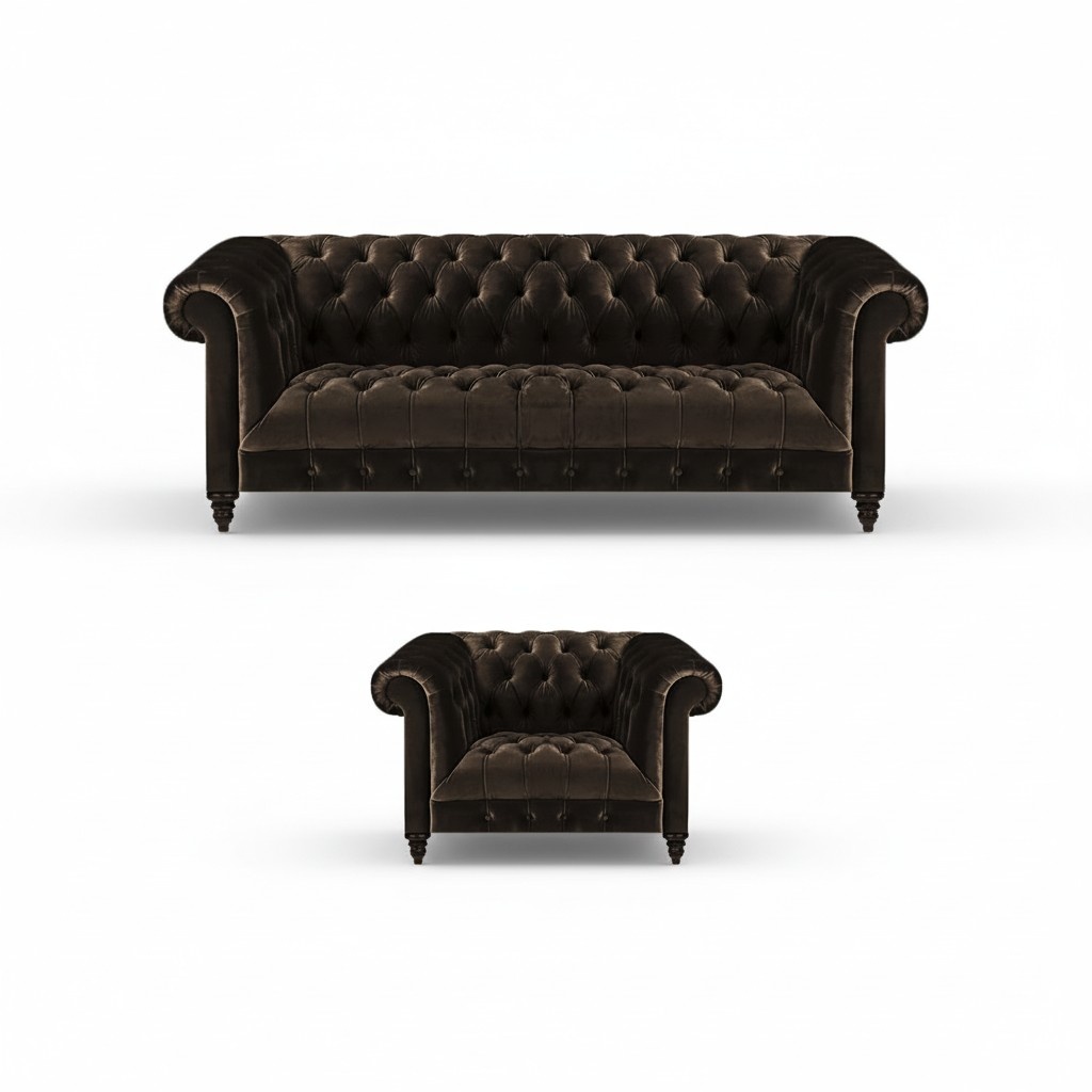 Brown Chesterfield Upholstered Set Designer 3-Seater Fabric Armchair 2-piece