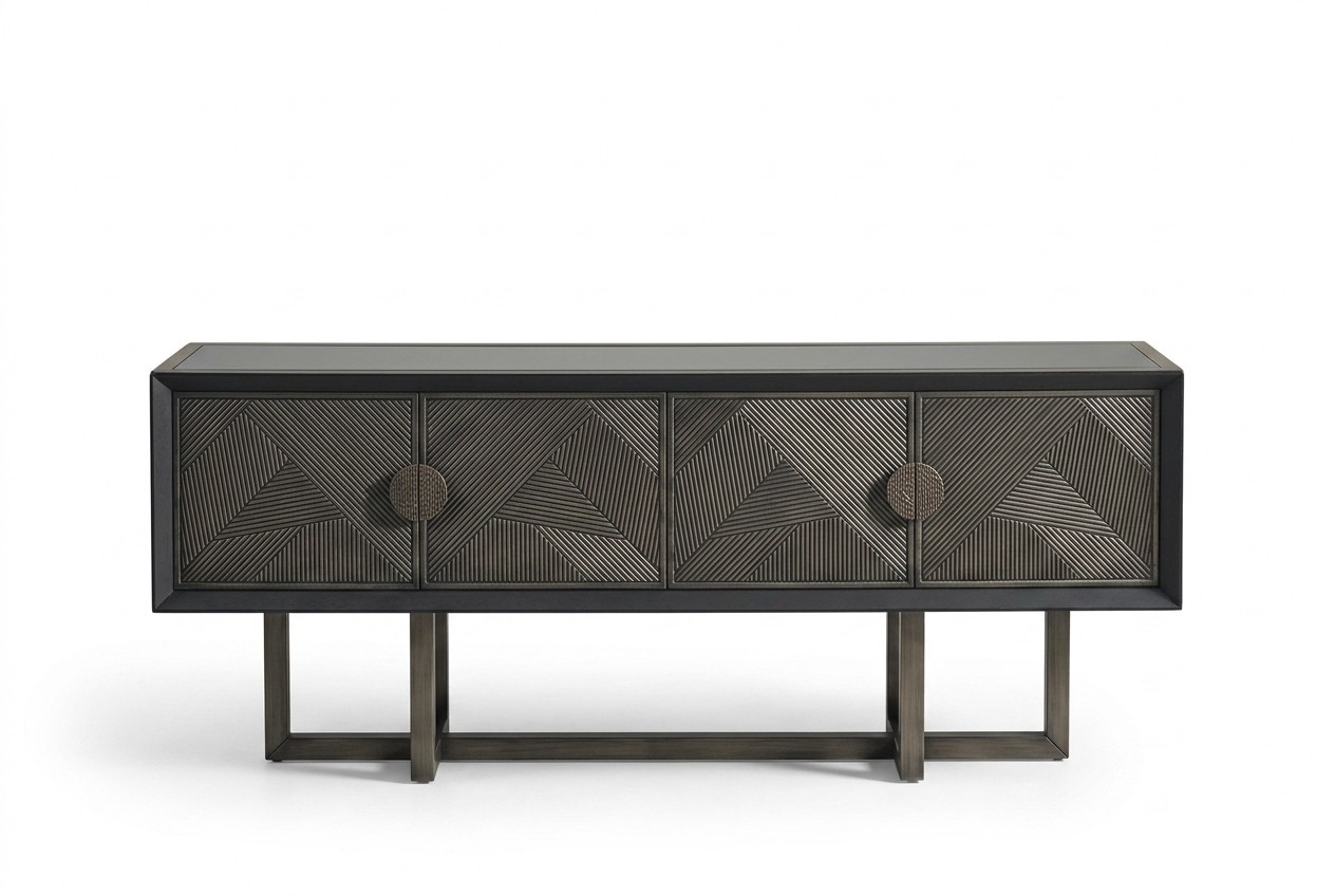 Brown wooden console in a modern design.