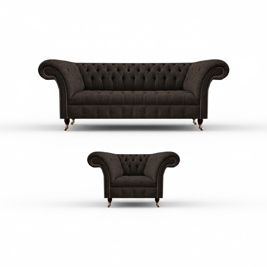 Brown designer upholstered furniture sofa three-seater couch luxury armchair complete 3+1