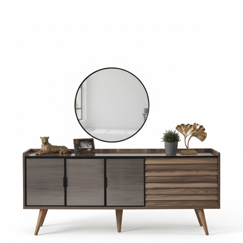 Brown dining room set Stylish sideboard Round mirror Wooden furniture 2 pcs