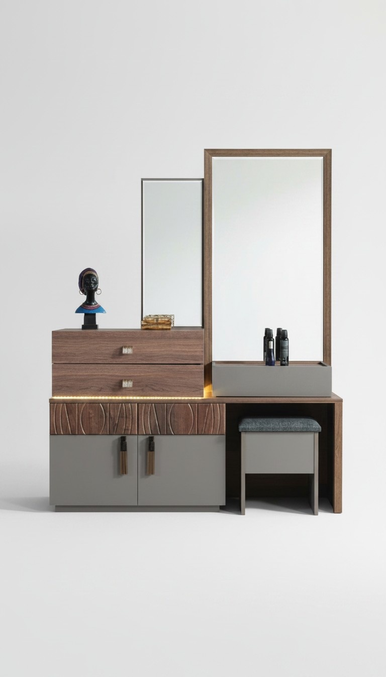 Brown-grey bedroom furniture Luxury chest of drawers with mirror Upholstered stool