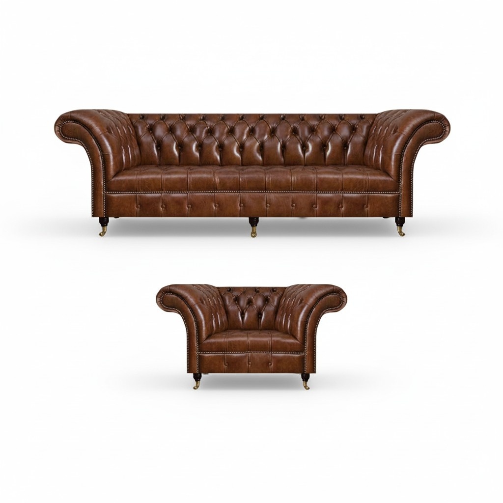Brown leather sofas Chesterfield leather armchairs living room couches furniture 2-piece