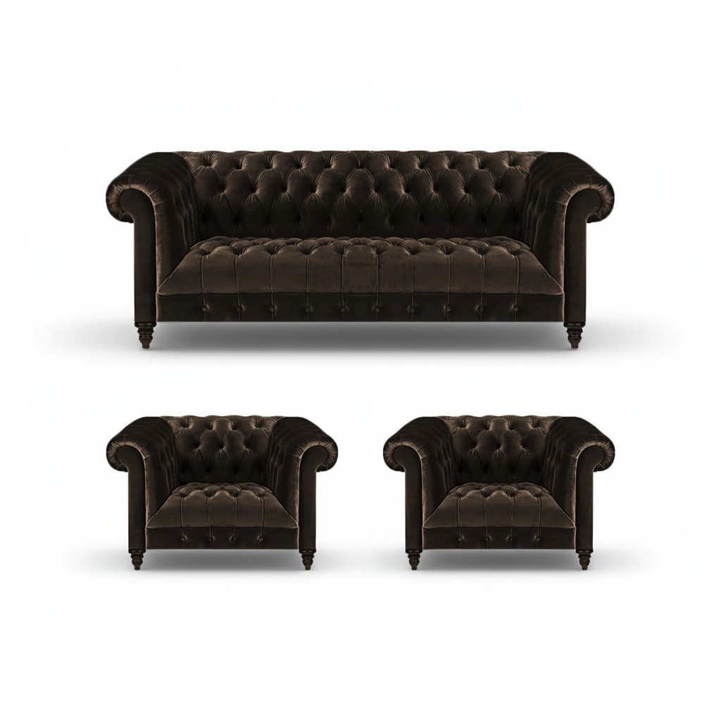 Brown living room Chesterfield seating furniture 3-seater sofa 2 armchairs 3-piece set