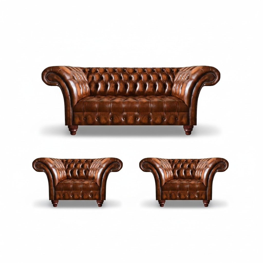 Brown living room Chesterfield set 2x leather armchairs Noble three-seater