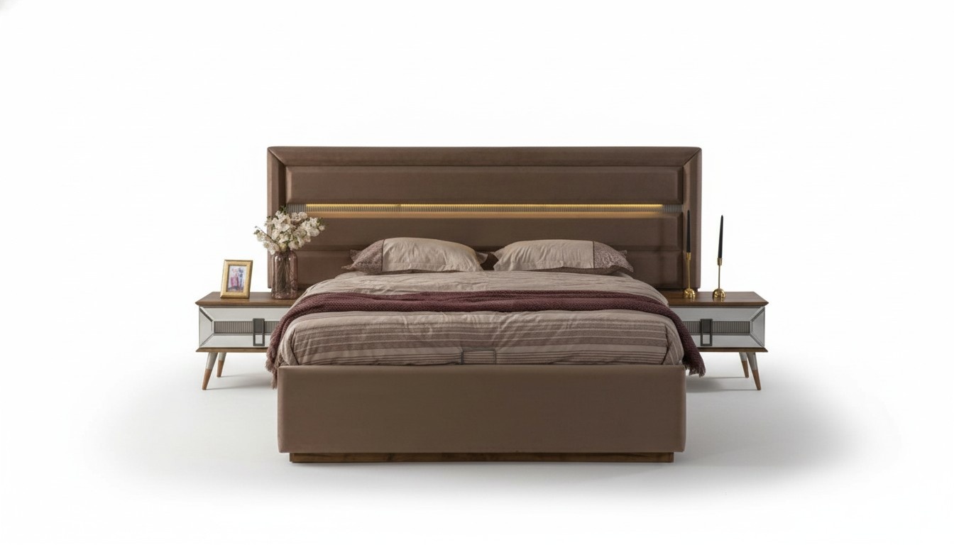 Brown bedroom set Exclusive double bed 2x wooden bedside tables 3 pcs
