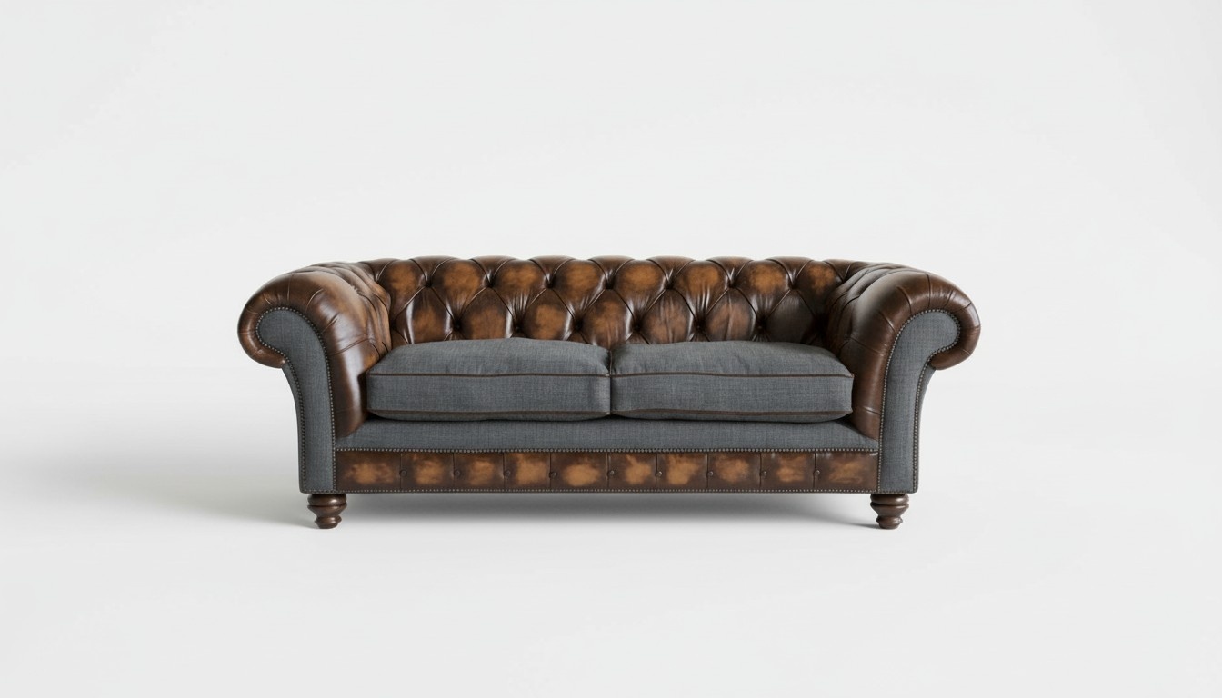 Modern Chesterfield Sofa 3-Seater Textile + Leather Upholstery Brown Grey Couch With Comfortable Cushions New