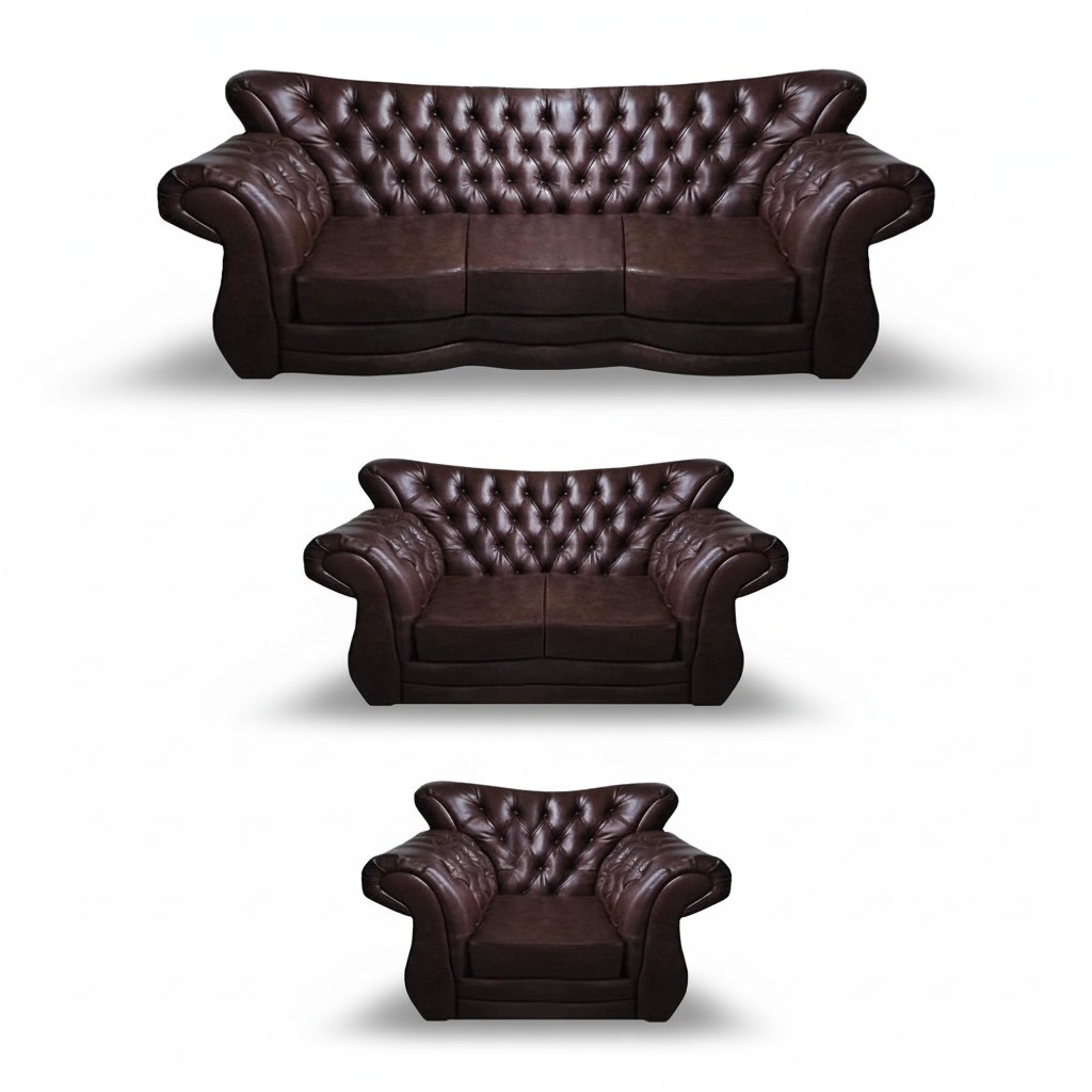 Brown Sofas Complete 3-Piece Leather Seating Living Room Chesterfield Design Furniture