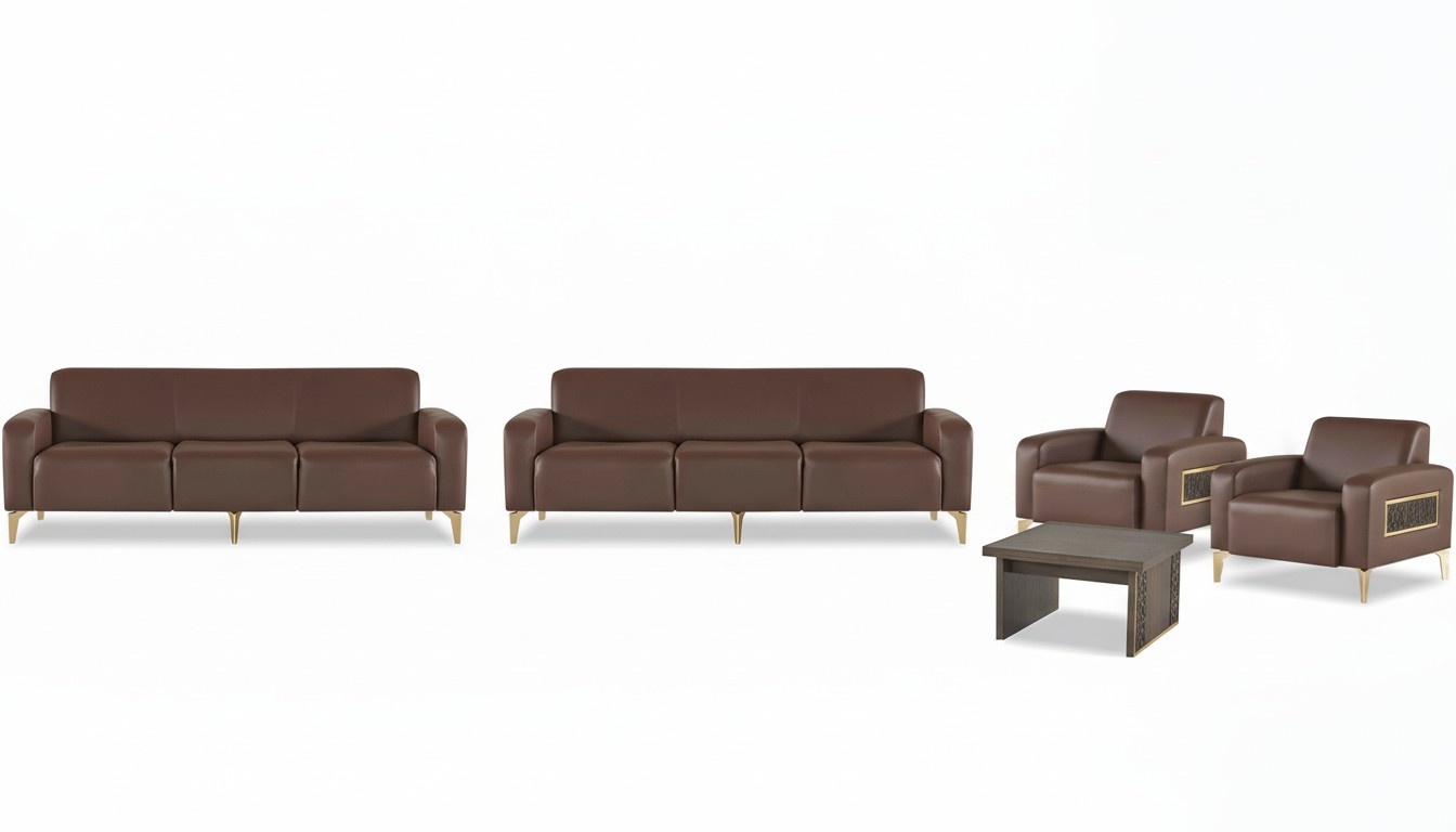 Brown home office leather suite three-seater 2x armchairs coffee table