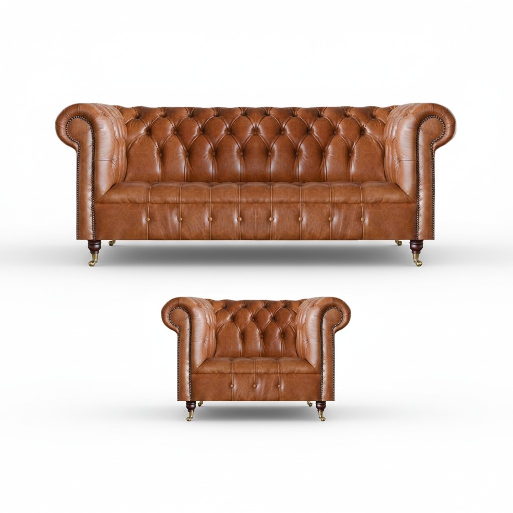 Brown Stylish Chesterfield Leather Sofas Complete Couch Set 2pcs