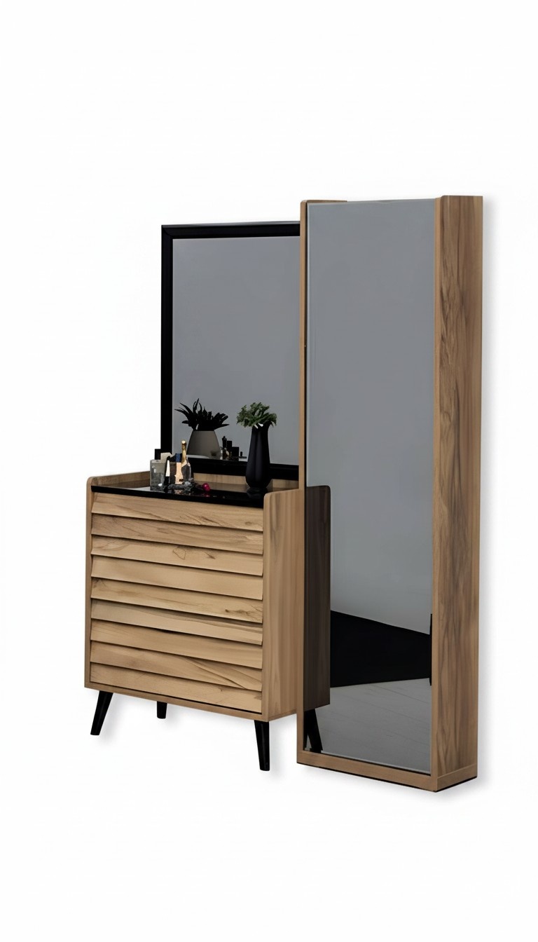 Brown high chest of drawers with mirror Designer bedroom console 2-piece set