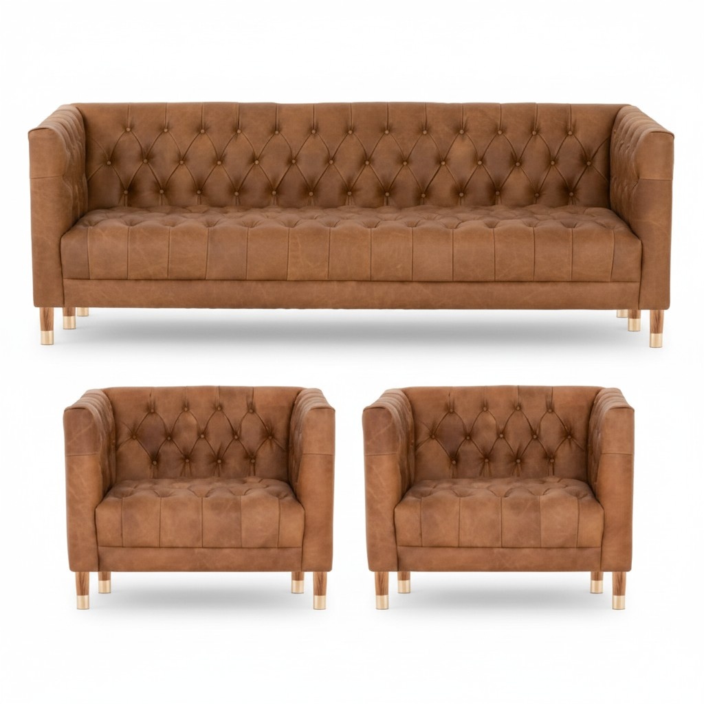 Brown Velvet Chesterfield 2 Armchairs Leather Modern Design Furniture Sofa Set Sofas New