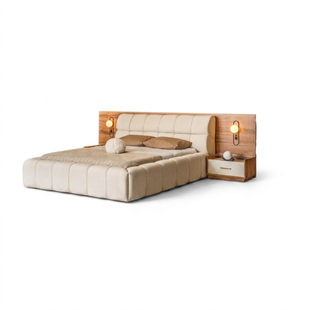 Brown and white bedroom set double bed bedside tables luxury wooden furniture