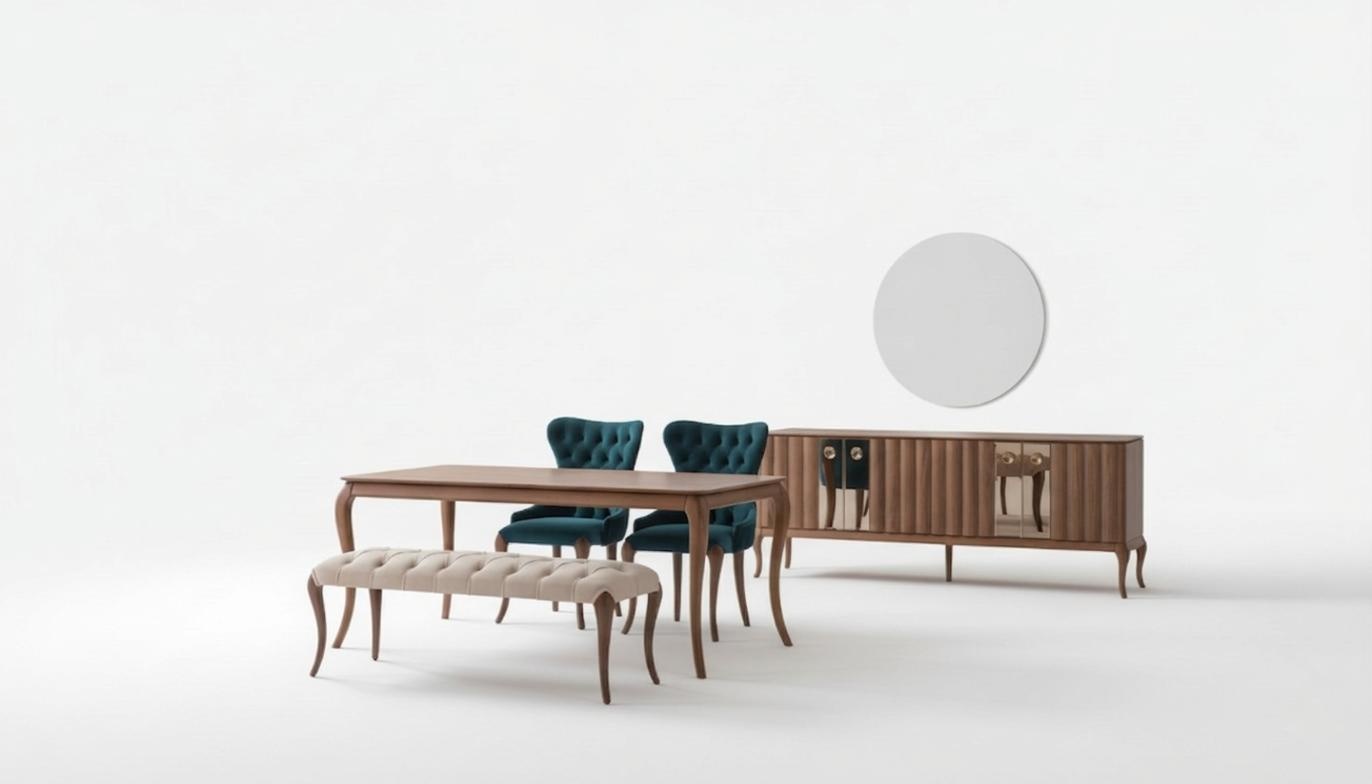 Brown-White Dining Room Furniture Chesterfield Designer Bench Luxury Dining Table