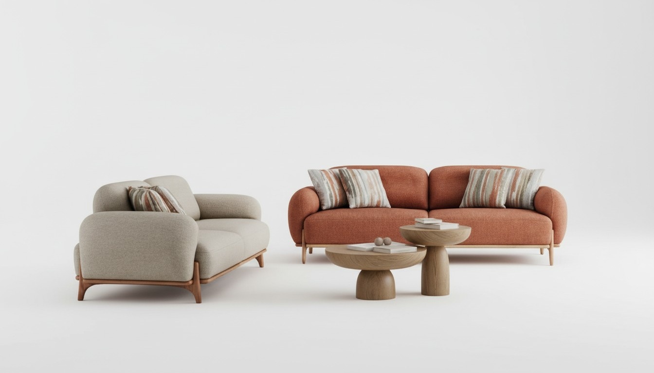 Brown and white sofa set. Stylish 2x upholstered 3-seater living room couch