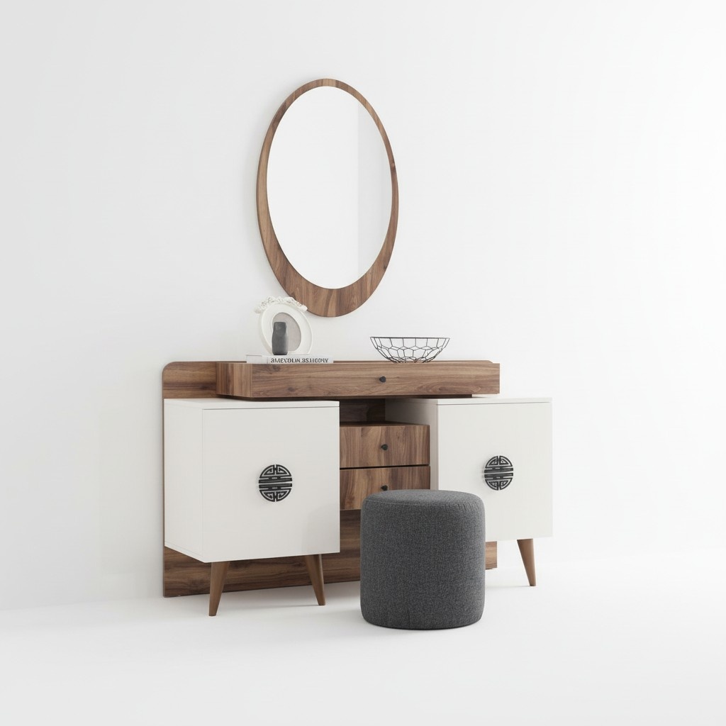 Brown-White Makeup Table with Mirror Luxurious Bedroom Wooden Furniture