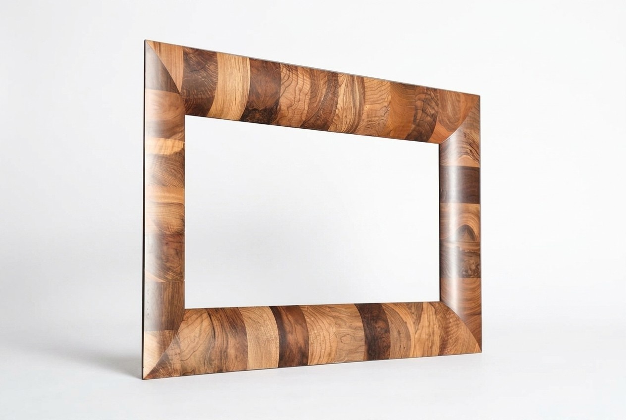 Brown wood and glass mirror, elegant for living room and hallway.