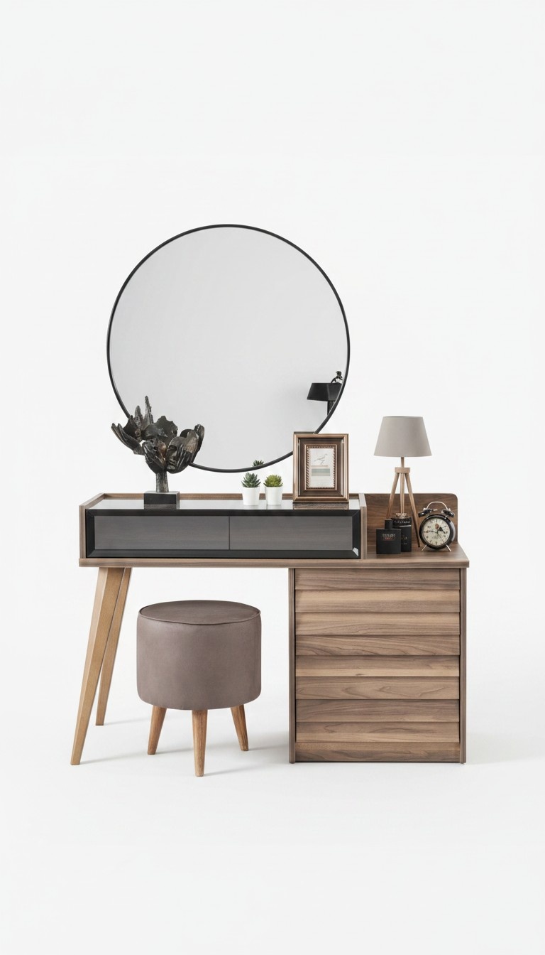 Brown wooden dressing table with round mirror designer bedroom 2-piece set console
