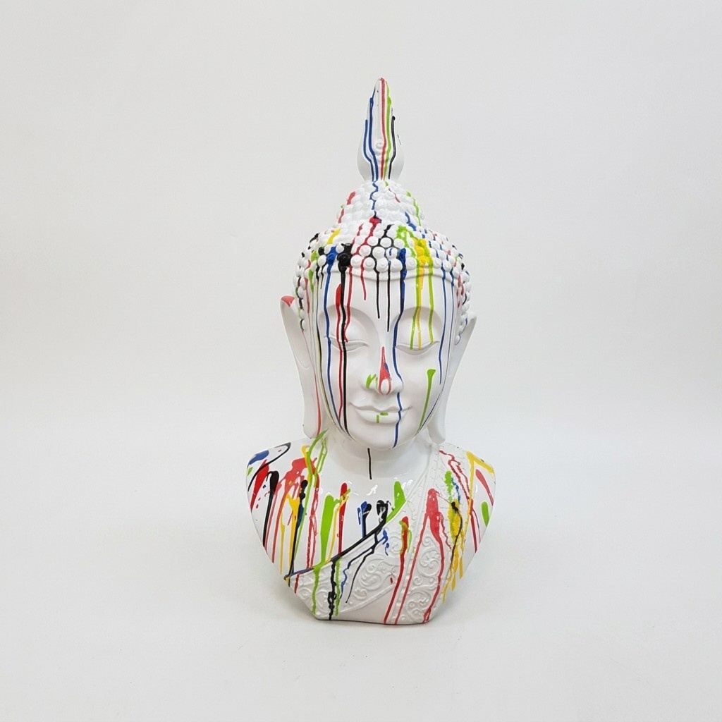 White colored abstract decorative sculpture designed as buddha bust in colorful stripes 117cm