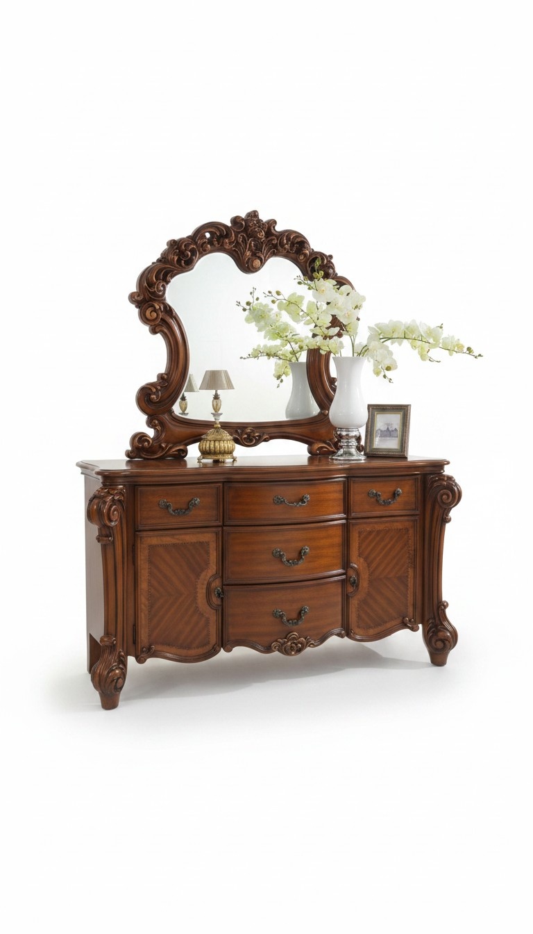 Baroque style made of real wooden set of chest of 5-sliding drawers & 2-swing doors & massive mirror