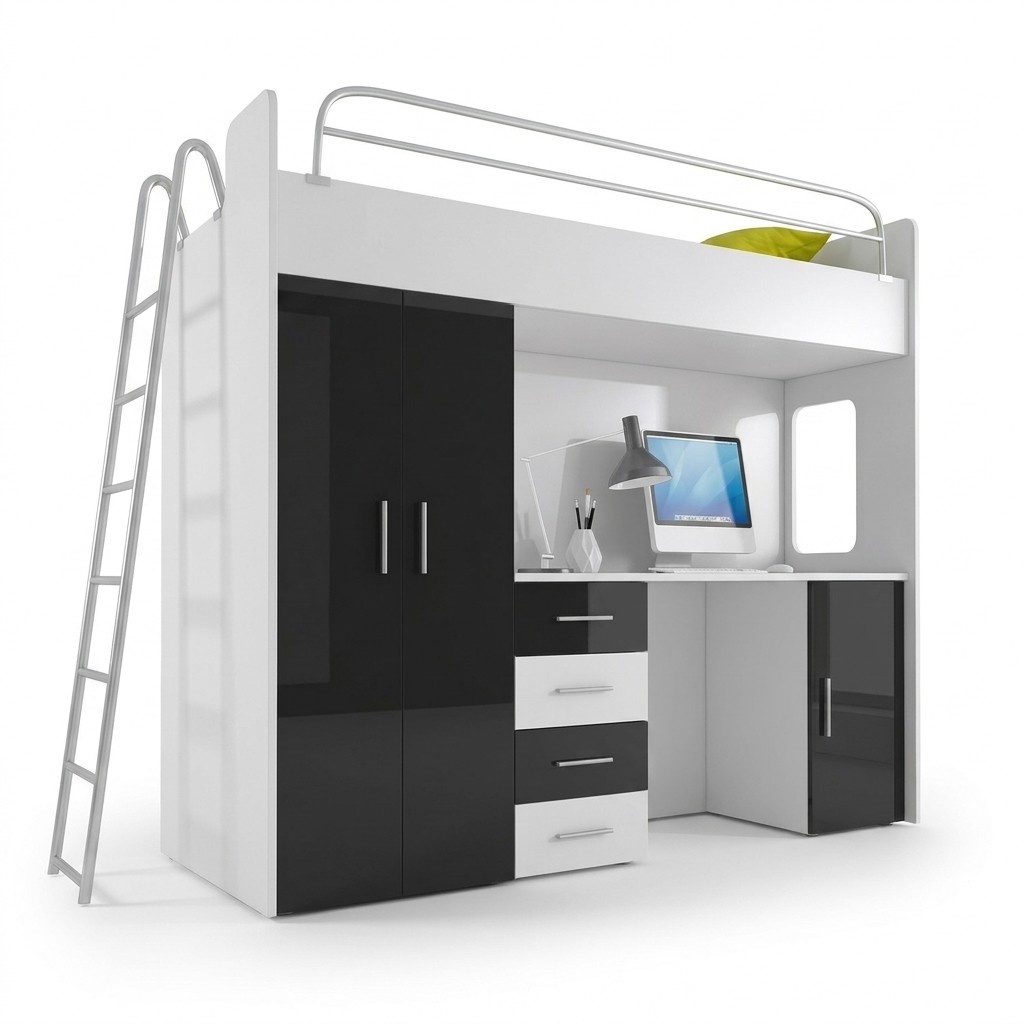 DOUBLE BUNK BED BUNK BED WITH DESK + WARDROBE - RAJ-4-D BLACK