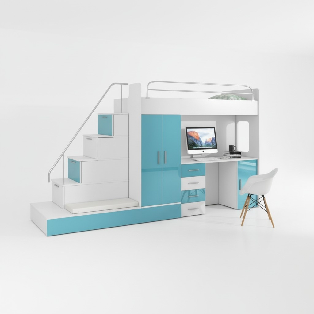 Bunk bed loft bed blue children\'s room beds loft beds floors Turquoise bed new