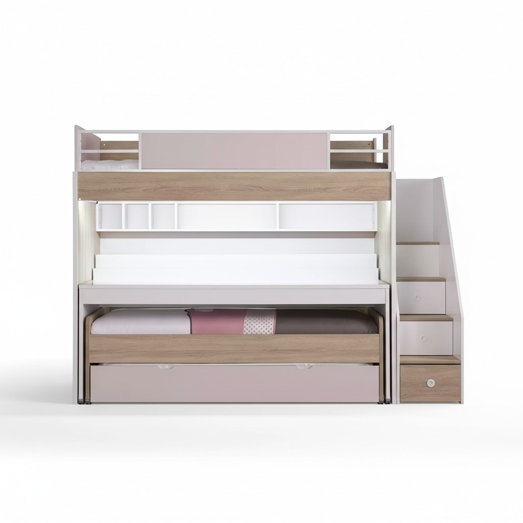 Bunk bed Bed with 3 sleeping places multifunctional bed wood pink luxury loft bed