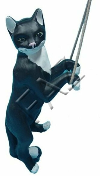 Decorative sculpture designed as motley black white colored cat on a rope 62cm height C100