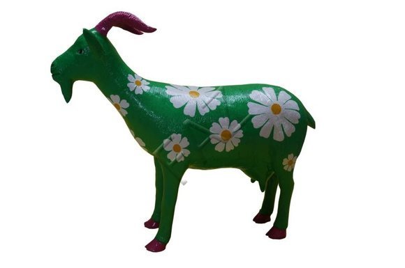 Full green colored goat figure with chamomile pictures decorative garden sculpture