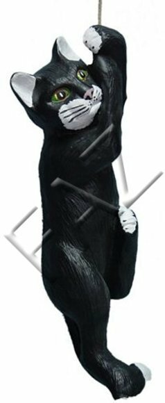 Decorative sculpture designed as mobley black white colored cat climbing on rope C181