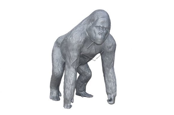 Full silver colored decorative garden sculpture designed as gorilla figure