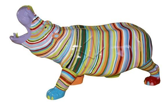 Decorative gloss garden sculpture designed as shouting hippo in colorful stripes C589R