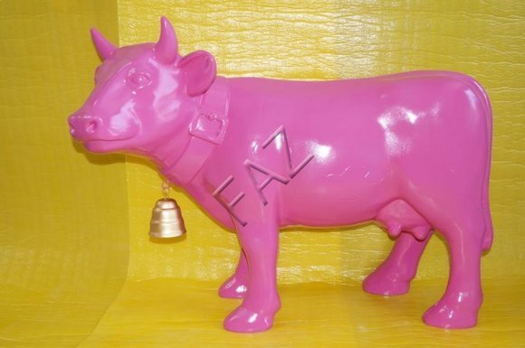 Decorative garden sculpture designed as full pink colored cow figure with a bell c664r