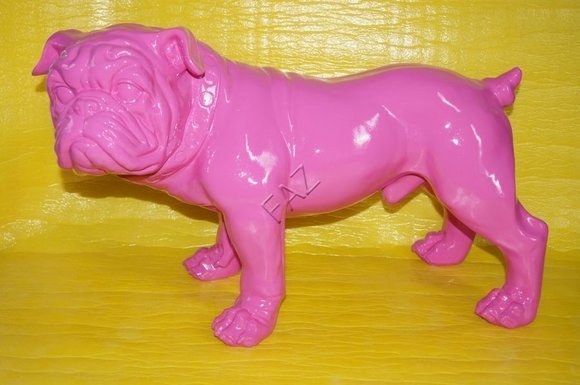 Full pink colored decorative garden sculpture designed as gloss pug dog figure c718r