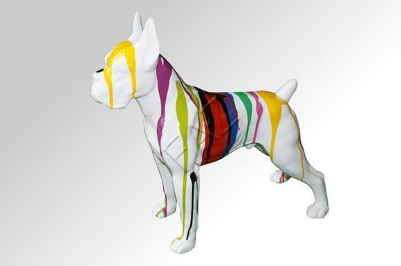 Decorative garden sculpture designed as full white colored dog figure with colorful stripes C753R