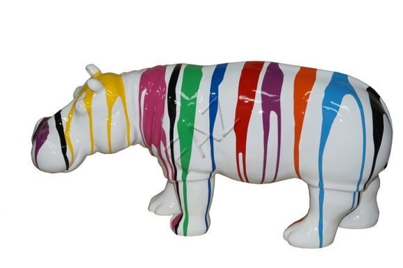 Decorative garden sculpture designed as gloss white colored hippo figure with colorful stripes