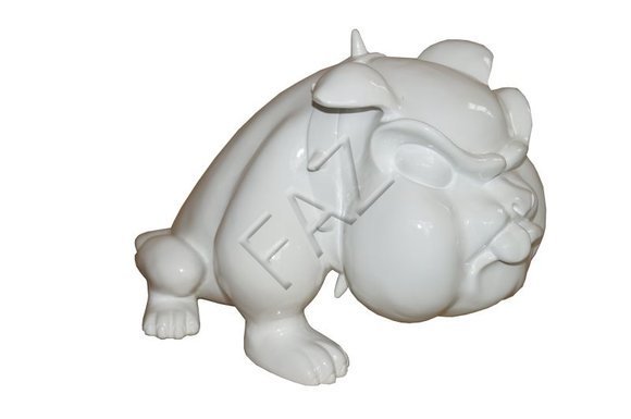 Decorative sculpture designed as full white colored gloss funny angry dog figure 23cm height