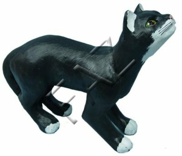 Motley black white colored decorative cat sculpture with green eyes 42x60cm