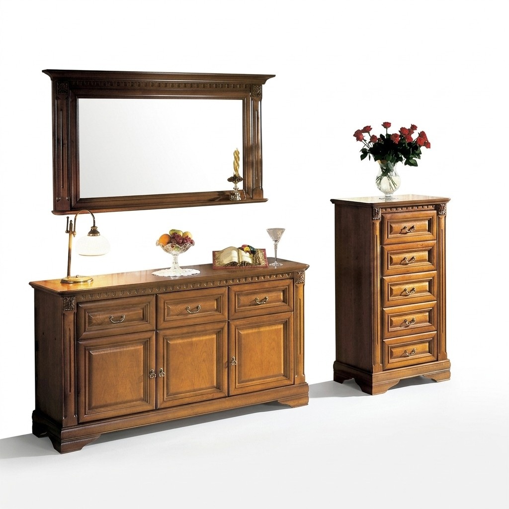 Cupboard Chest of drawers Mirror Material Wood Classic Set 3pcs Brown Country House