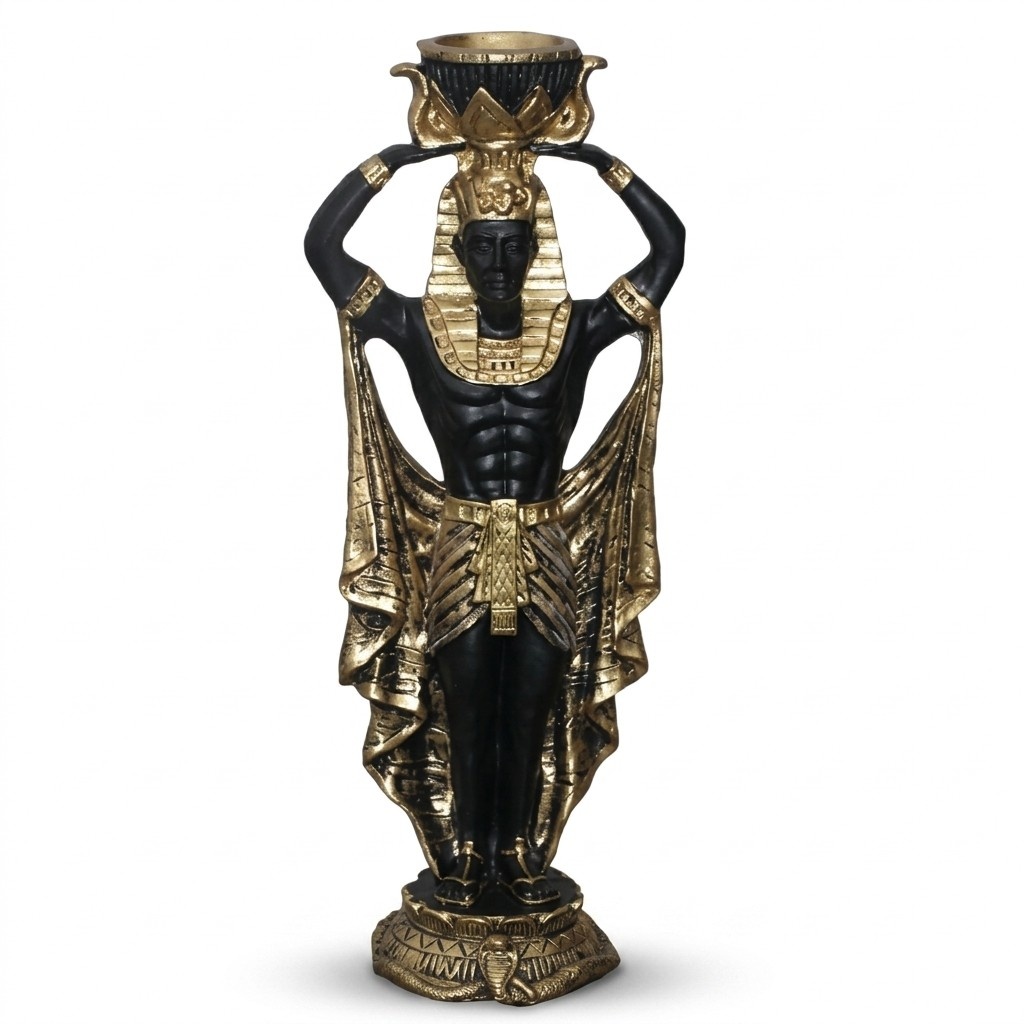 Candlestick designed as a decorative black gold colored ancient egyptian figure 37cm