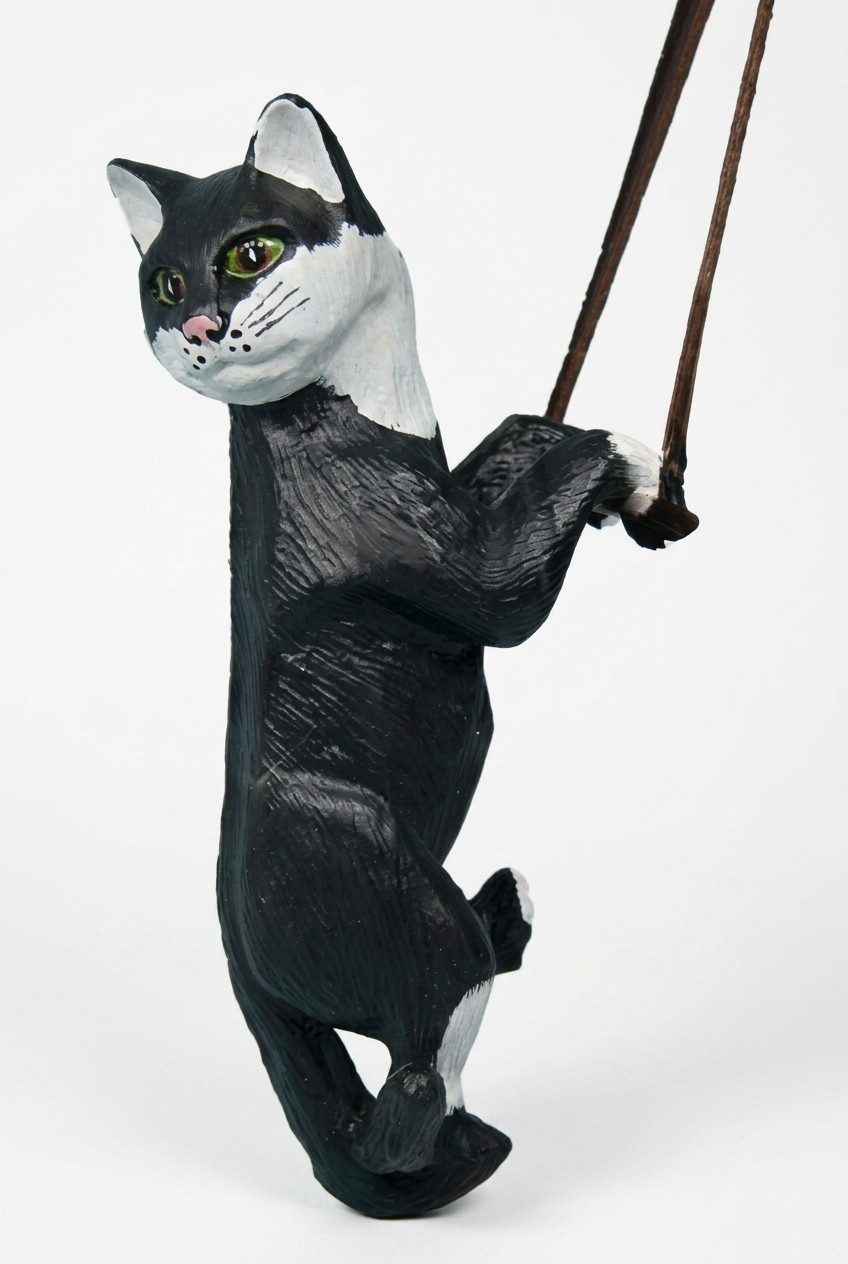 Decorative sculpture designed as a mobley white black colored cat on a rope 50cm height