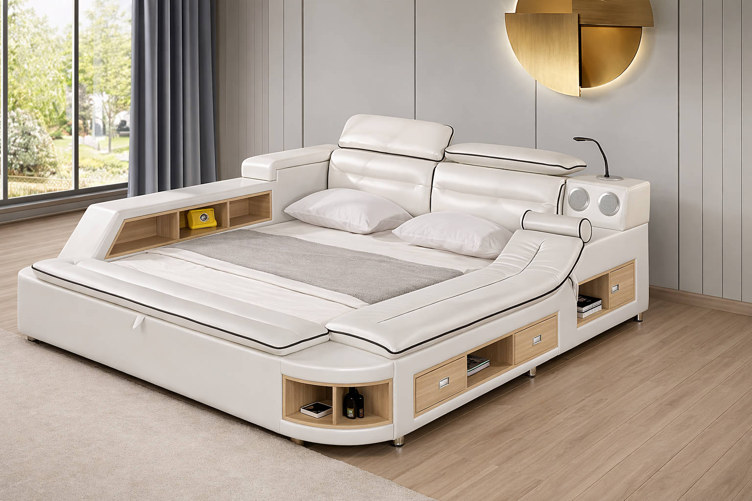 Modern style multifunctional leather double bed made of real wooden 180x200cm size