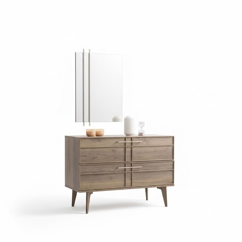 Chest of drawers with mirror bedroom console wood brown set 2pcs modern