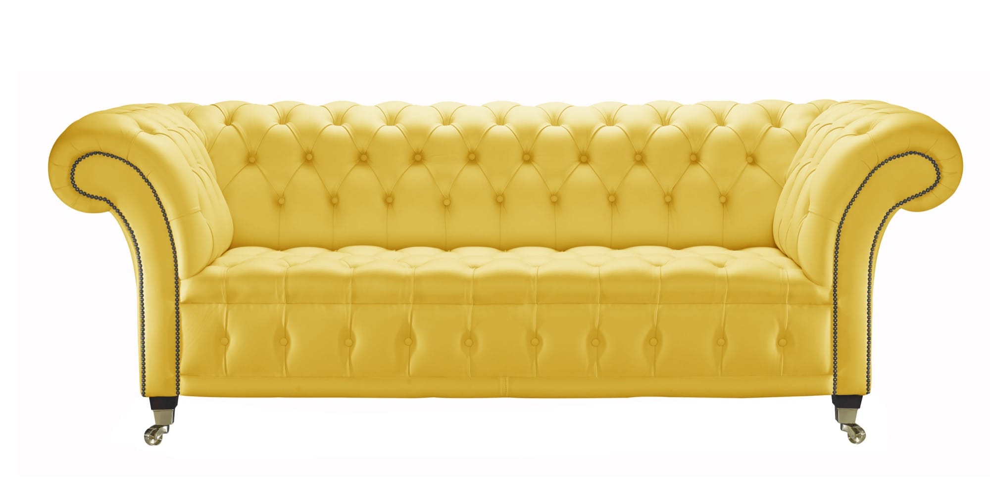 Chesterfield Modern Sofa 2-Seater Bright Yellow Faux Leather Upholstery Couch on Castors New