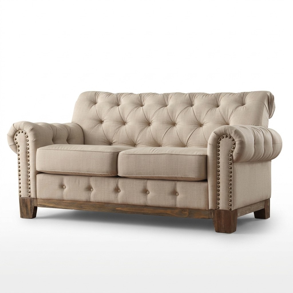 Chesterfield 2 Seat Classic Luxury Natural Wood Frame Sofa Textile Leather Couch Beige