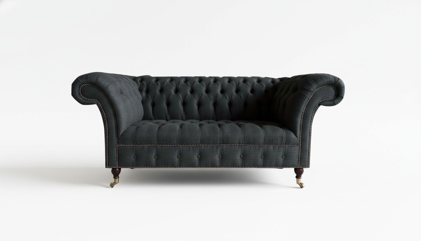 Chesterfield 2 Seater Black Textile Fabric Furniture Living Room Couches Sofas Sofa