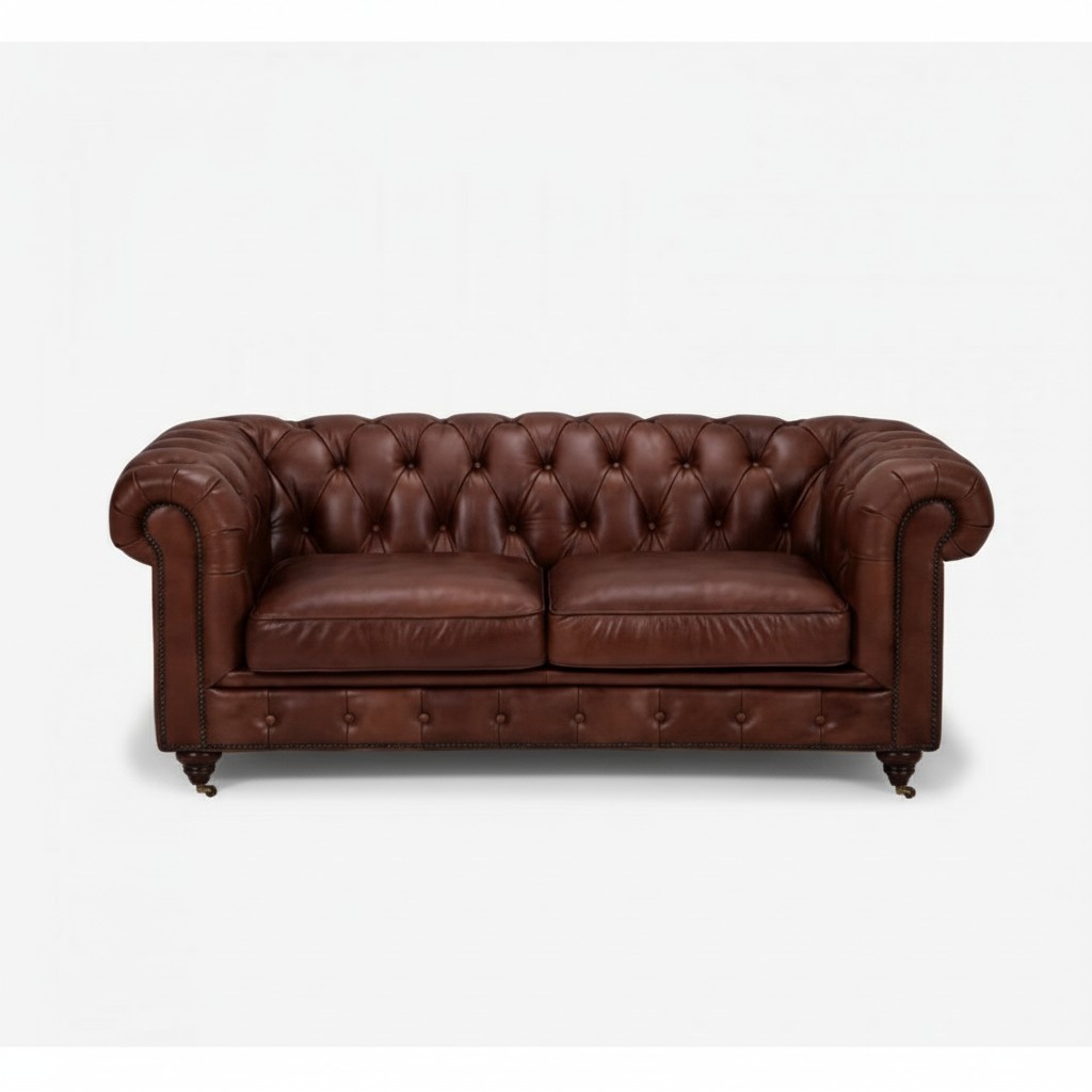 Chesterfield 2-Seater Sofa Classic Luxurious Baroque Rococo Style Sofa Brown Leather Couch New