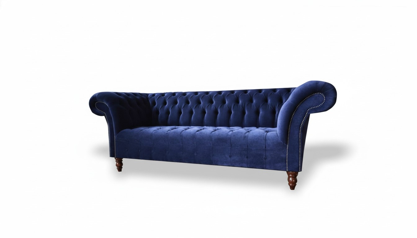 Chesterfield 3 Seater Blue Fabric Textile Furniture Velvet Living Room Modern Luxury Sofa