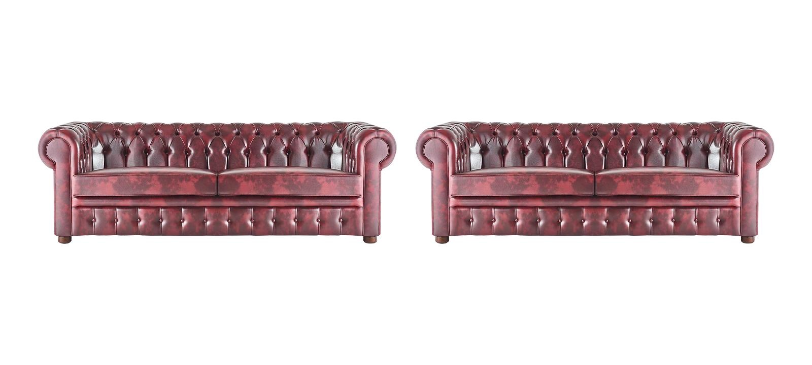 Chesterfield 3-Seater Bordeaux Couch Sofas Classic Leather Sofas Wood 2-piece